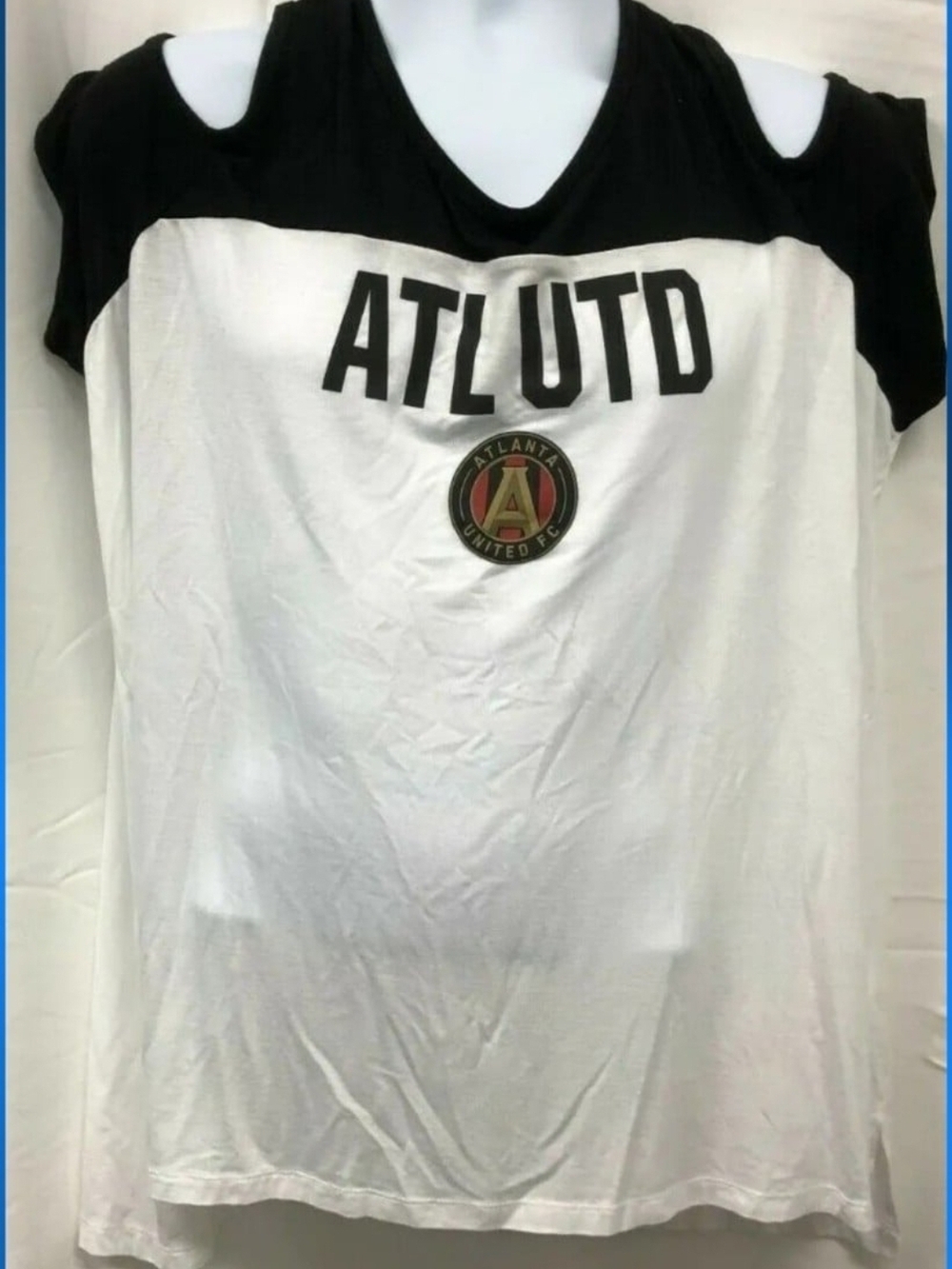 Fanatics ATL UTD White and Black Cold-Shoulder Tee